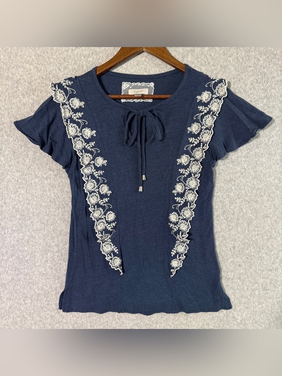 Cupio Tops - Cupio Navy Short-Sleeve Tie-Neck Top with White Floral Embroidery